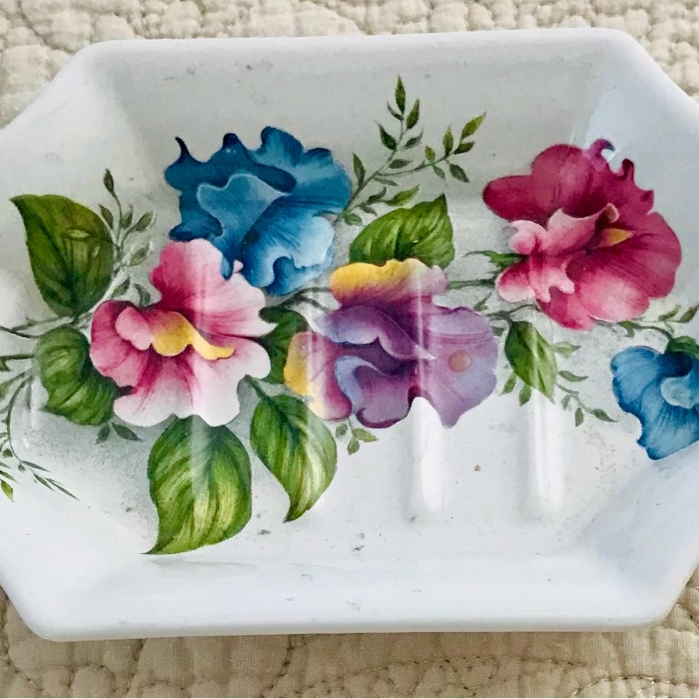 Floral Ceramic Dish with Pink and Blue Flowers